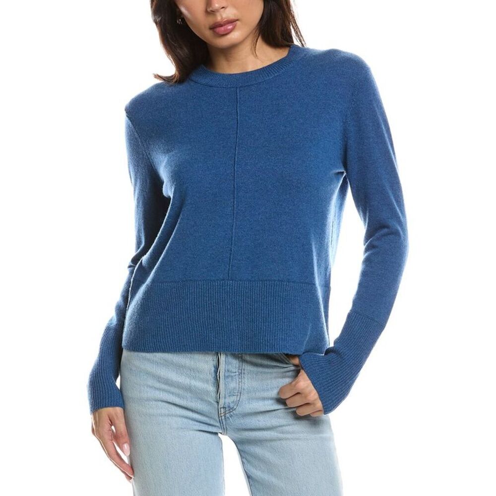 Forte Cashmere Womens Exposed Seam Crewneck 100% Cashmere Sweater, Blue